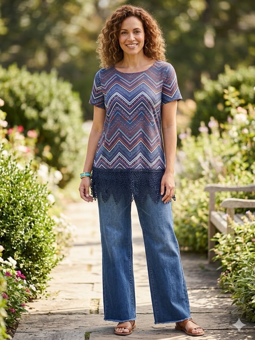 Signature Studio Navy Chevron Lace-Hem Tunic